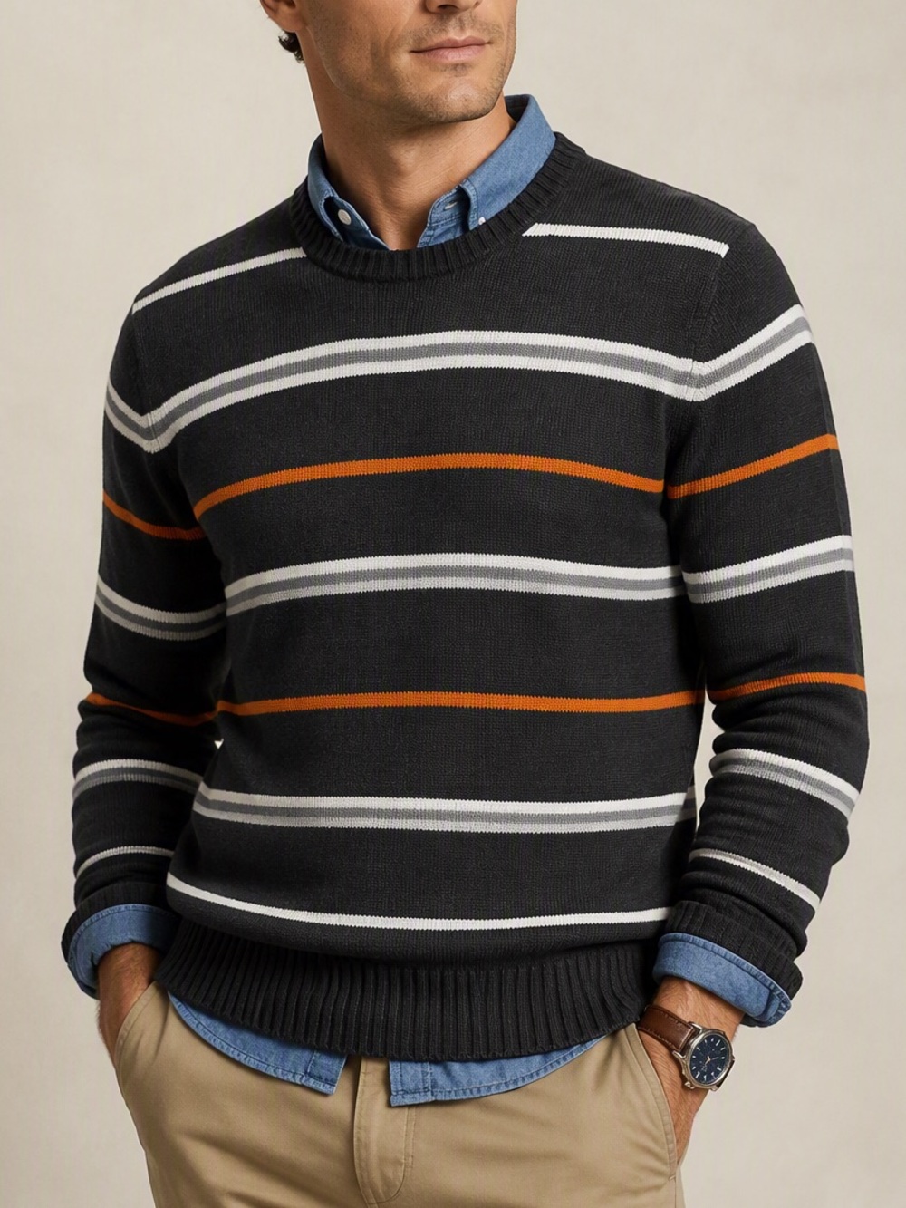 St. John's Bay XL Striped Crewneck Sweater Gray Orange White Cotton Knit